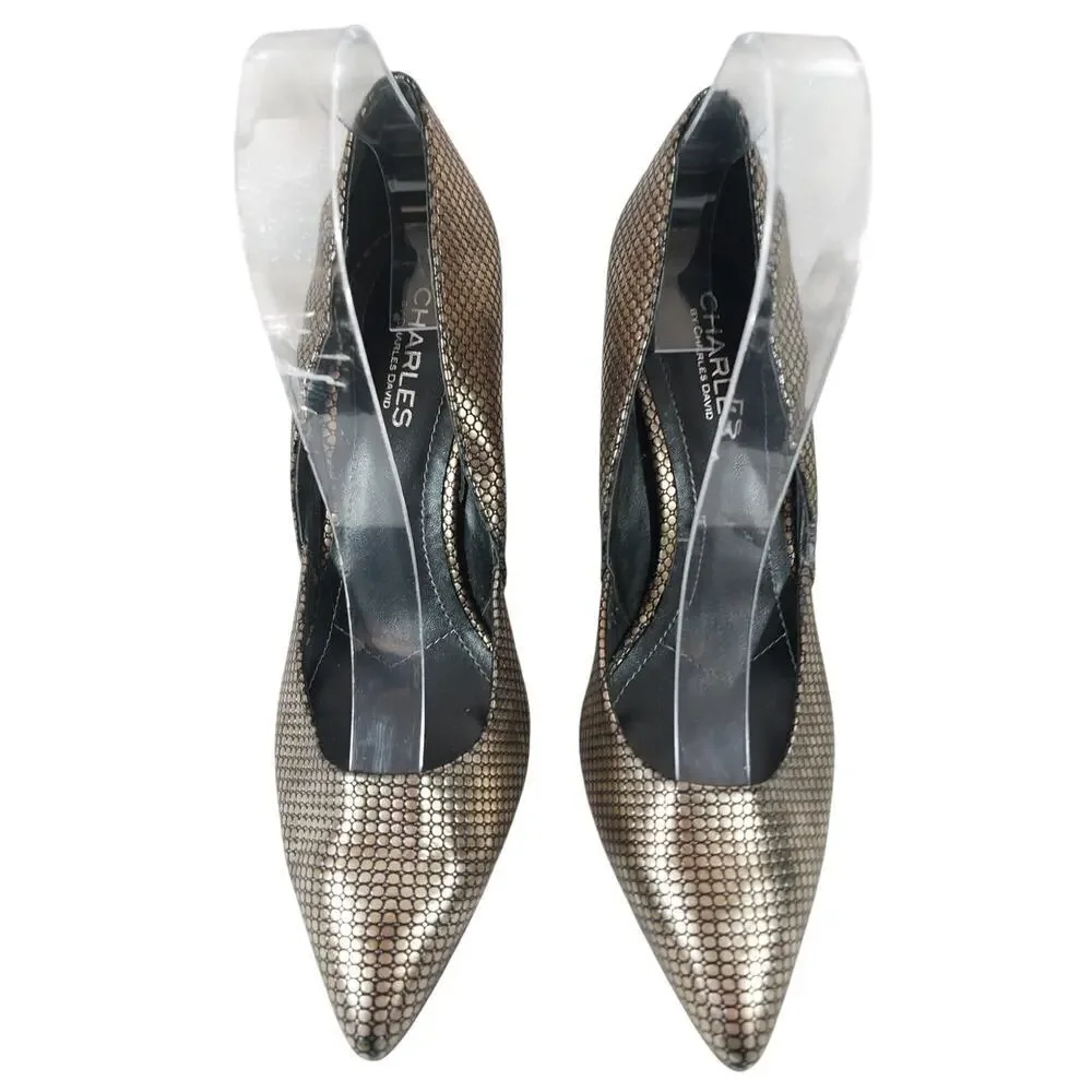 CHARLES DAVID! GORGEOUS BLACK & GOLD MICRO-PATTERNED STILETTO HEELS! SZ 8M